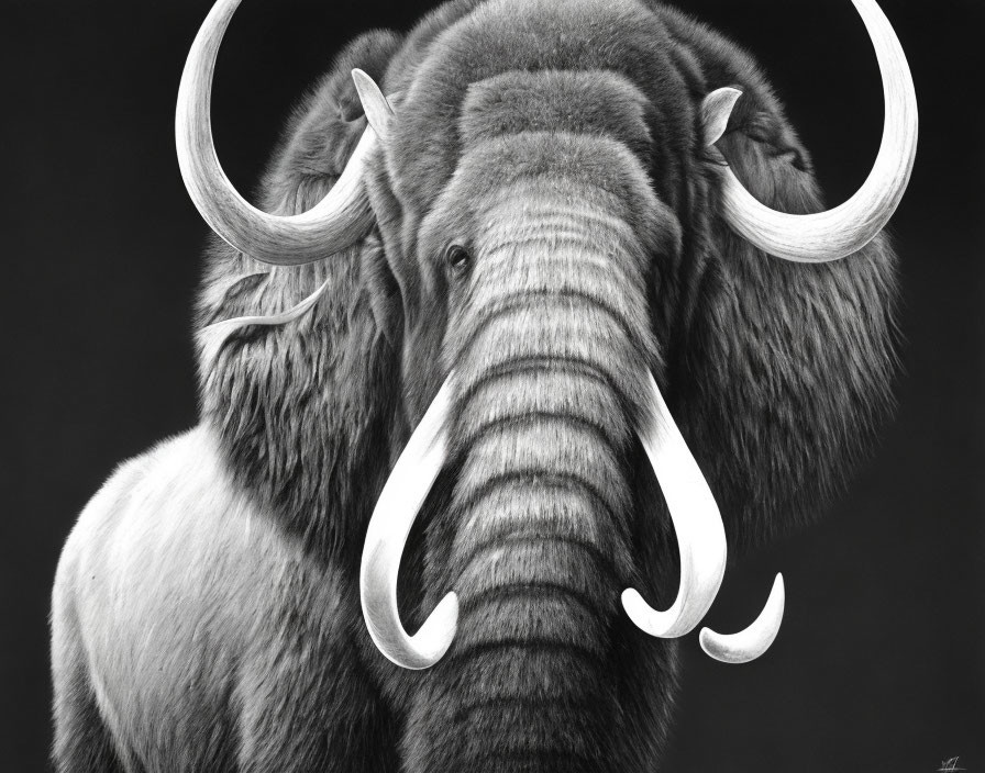 Detailed Black and White Elephant Drawing with Prominent Tusks
