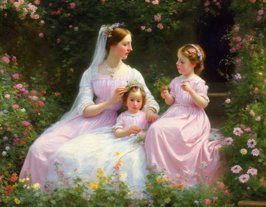 Serene woman in bridal gown with young girls in pink dresses in a lush garden