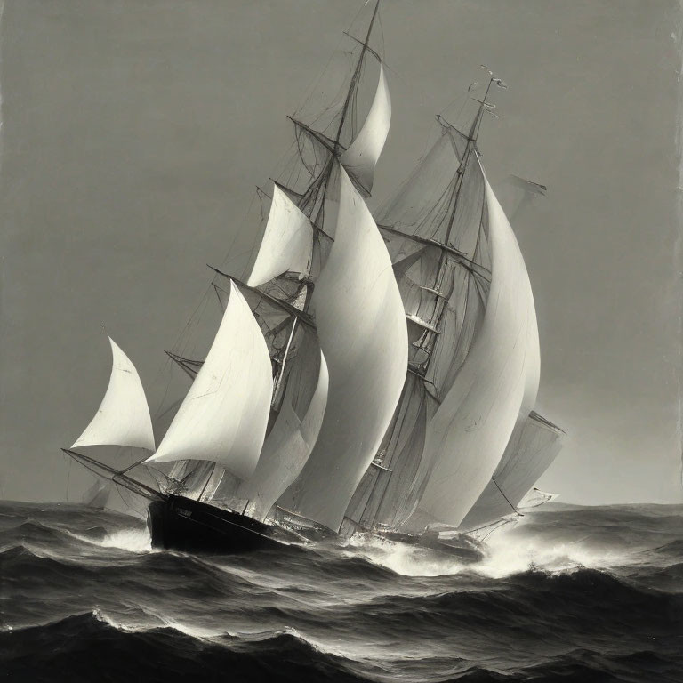 Monochrome tall ship with multiple sails navigating rough seas
