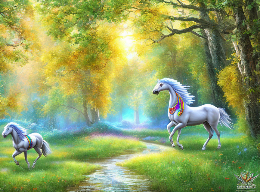 Digital art: Majestic white horses with rainbow manes in enchanted forest