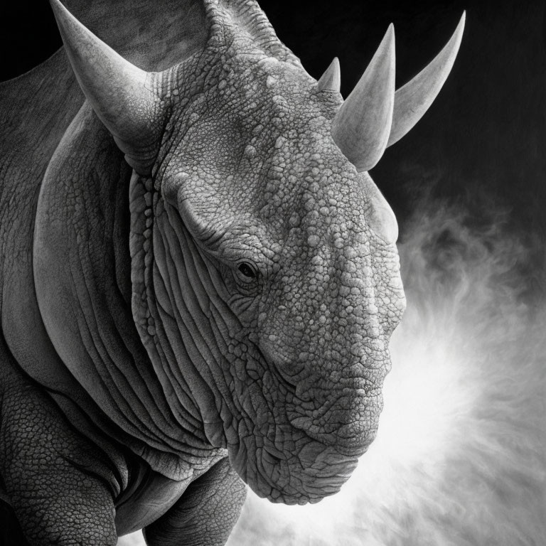 Detailed grayscale rhinoceros close-up with textured skin and prominent horns against dark backdrop.