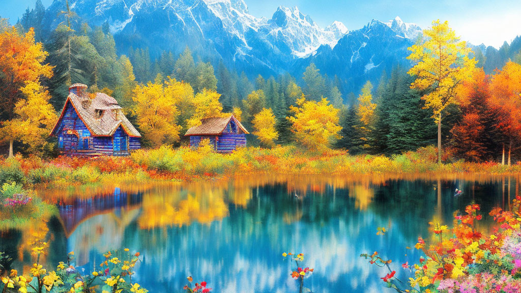 Vibrant autumn landscape: lake, colorful trees, cottages, mountains