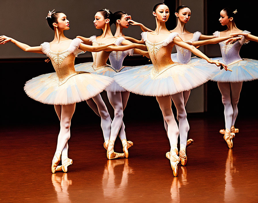 Elegant ballet dancers in sequined tutus and pointe shoes on stage