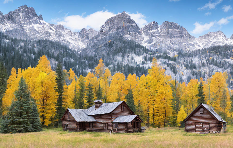 Autumn scene: Wooden cabins, yellow trees, snow-capped mountains