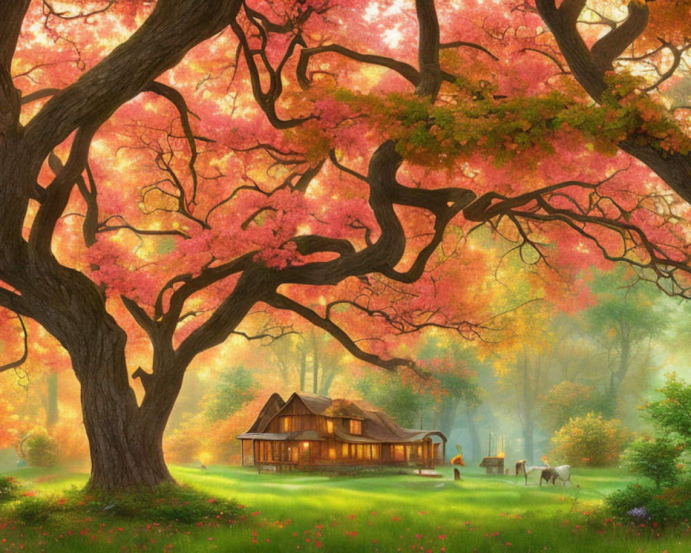 Tranquil autumn scene: wooden cabin, colorful trees, grazing horses