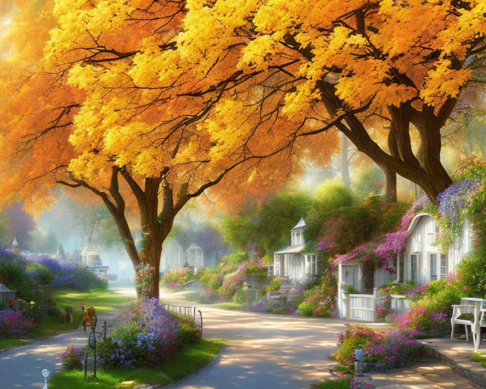 Autumn street scene with vibrant trees and cozy houses