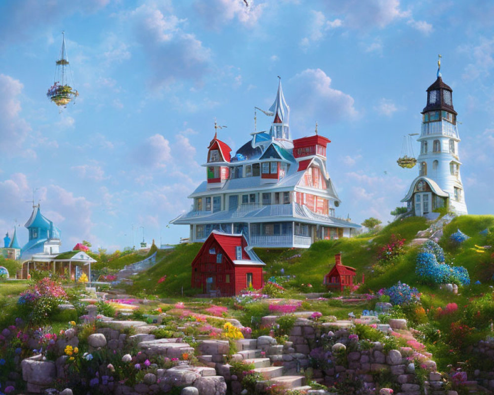 Victorian house, lighthouse, floating islands, colorful flowers landscape
