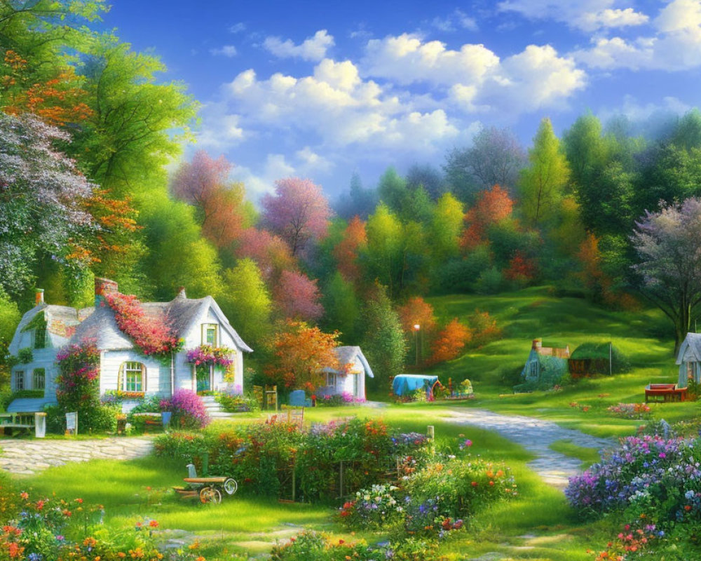 Colorful Cottage Houses in Idyllic Countryside Setting