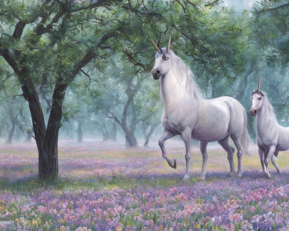 Majestic unicorns in enchanted forest with purple flowers
