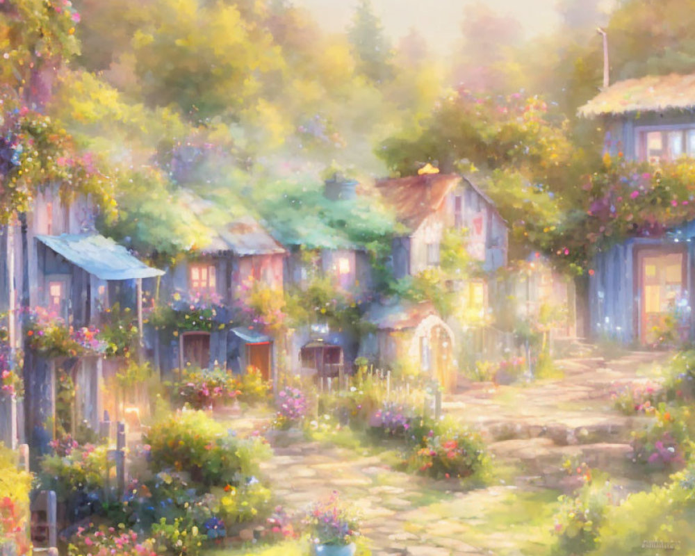 Pastel-toned painting of a quaint village with blossoming flowers