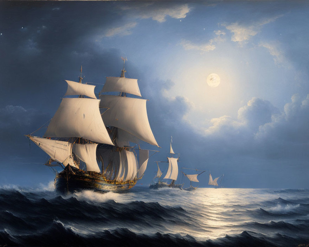Night seascape painting with three sailboats and glowing moon in clouds