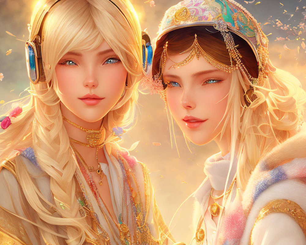 Digital fantasy female characters in ornate outfits with headphones and glowing, ethereal ambiance.