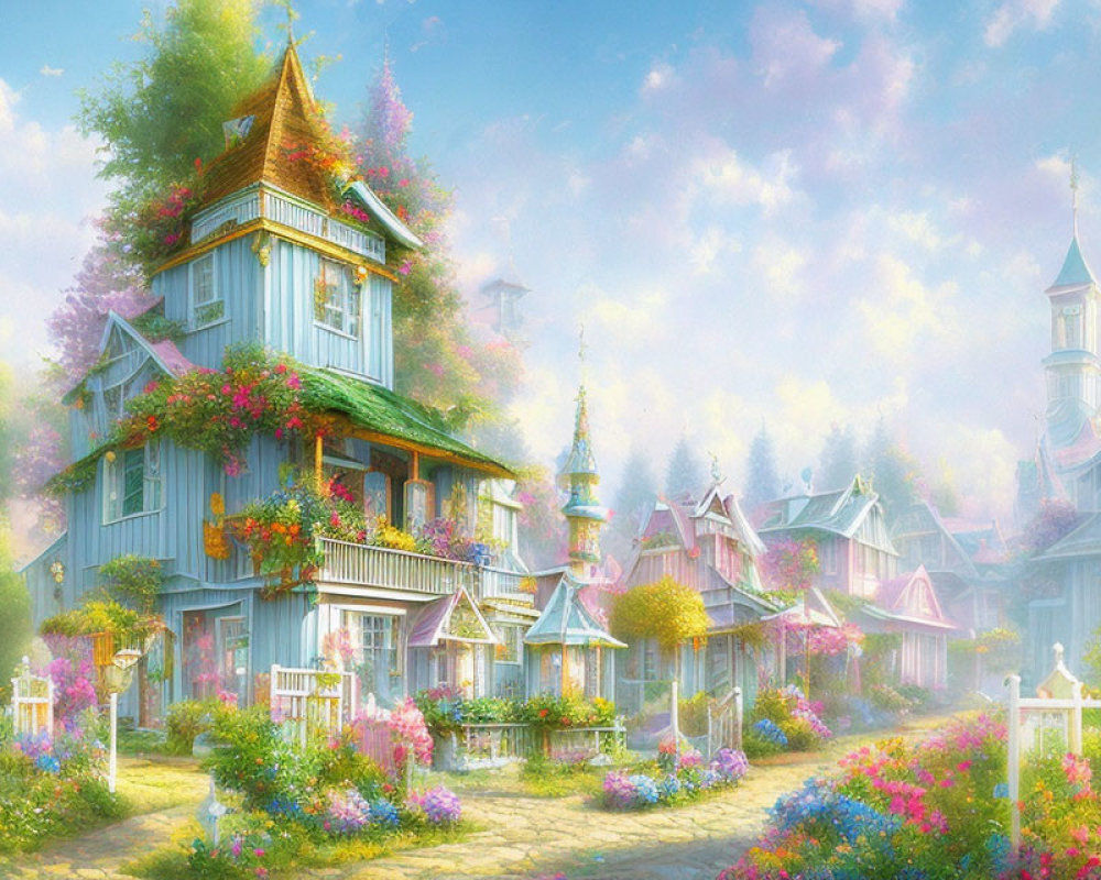 Picturesque village with vibrant flowers and quaint houses in a fairy tale setting