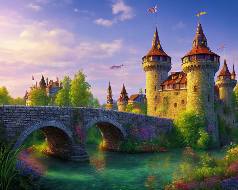 Stone bridge over river to enchanting castle with towers in sunset sky