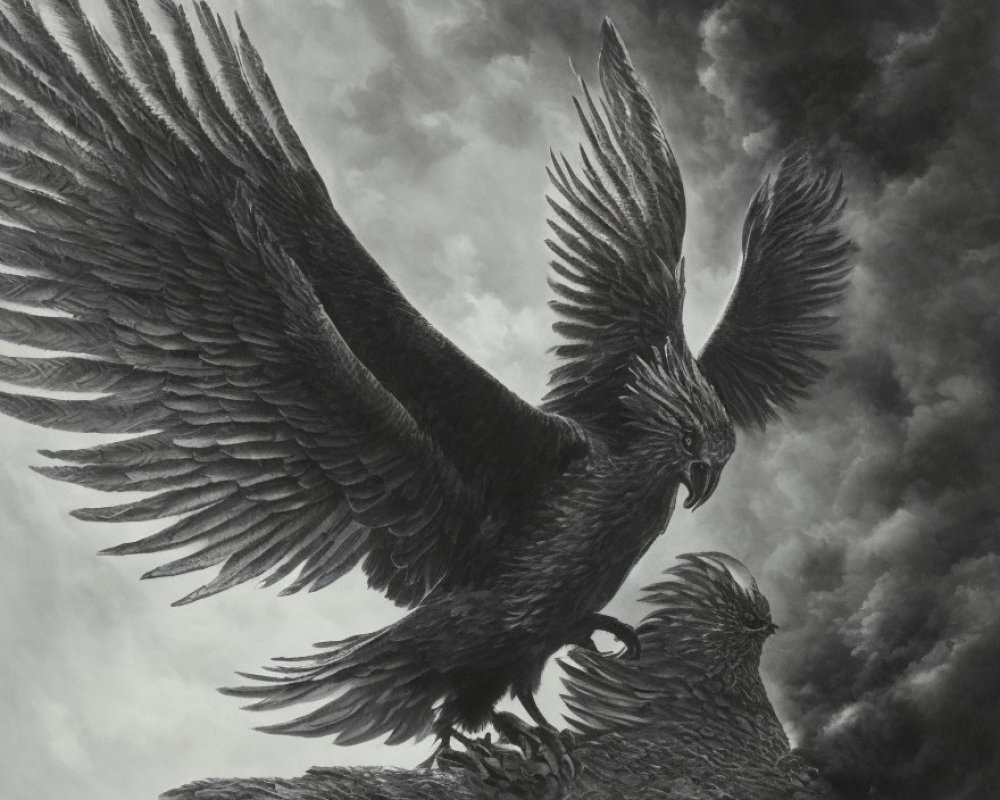 Monochrome illustration of majestic eagles in dramatic sky