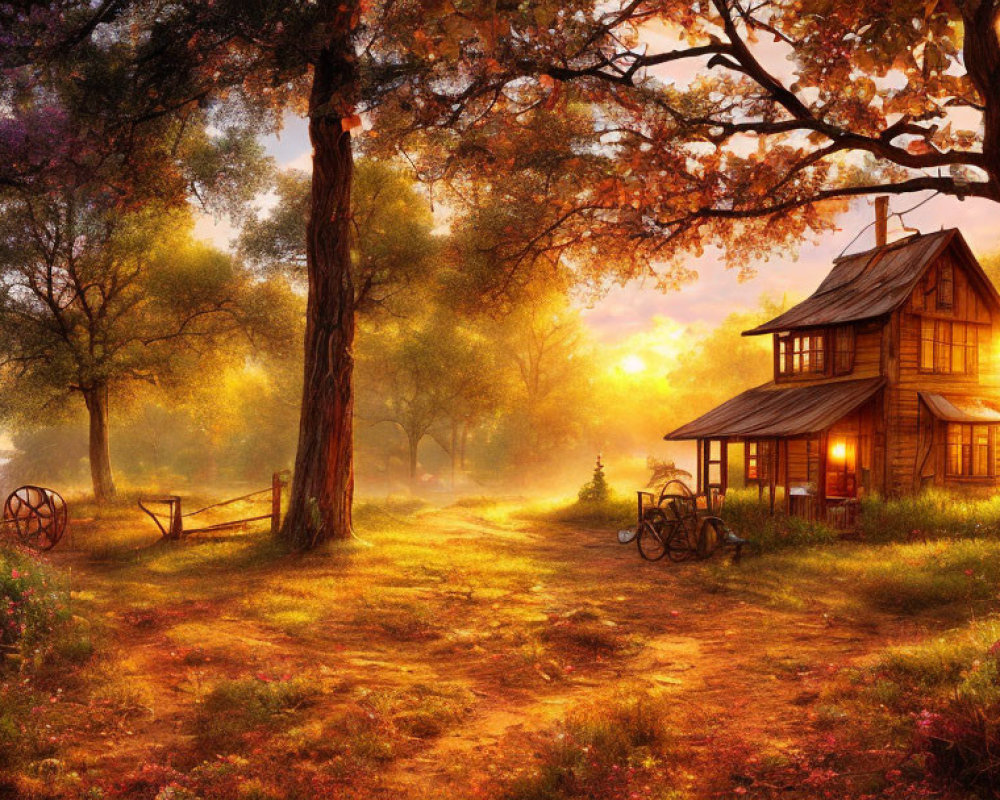 Rural sunset landscape with cozy cottage and wagon wheel