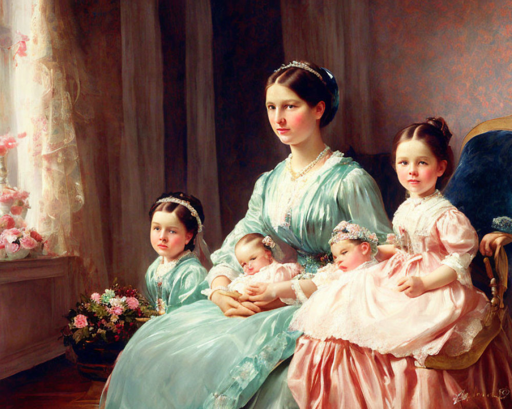 Traditional oil painting of a mother and four daughters in period attire