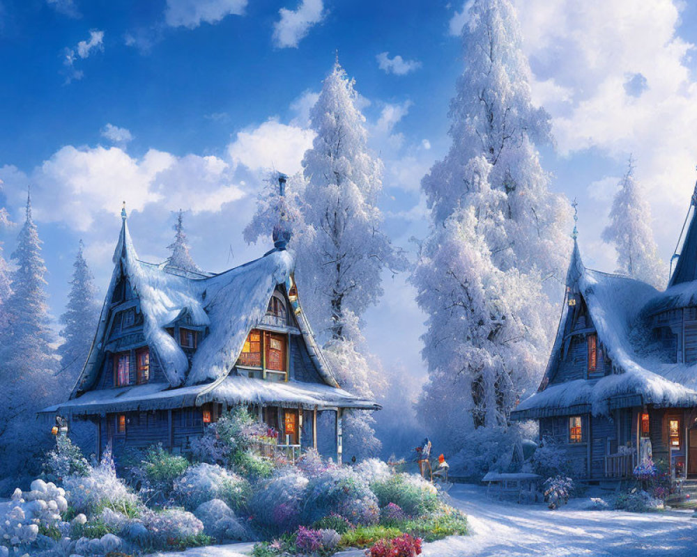 Snow-covered whimsical houses in wintry scene with frosty trees and serene sky