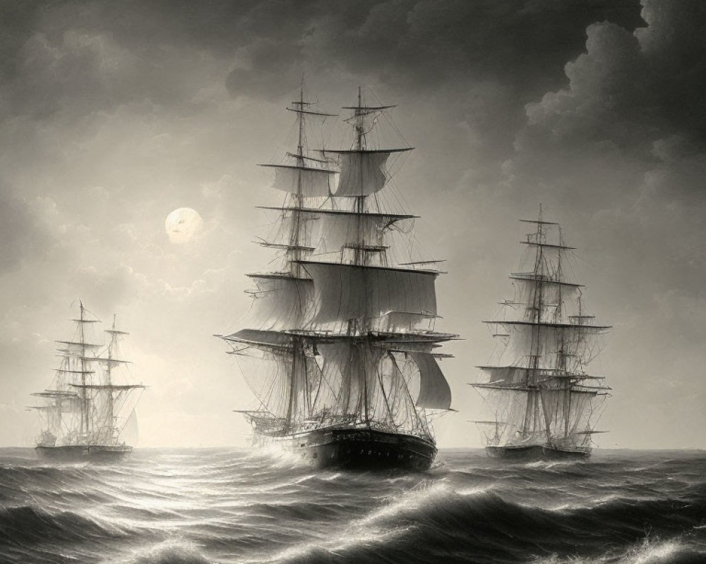Monochromatic painting of tall ships at sea under a full moon