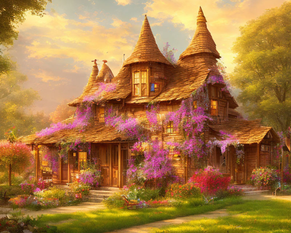 Thatched Cottage with Purple Wisteria in Forest Clearing