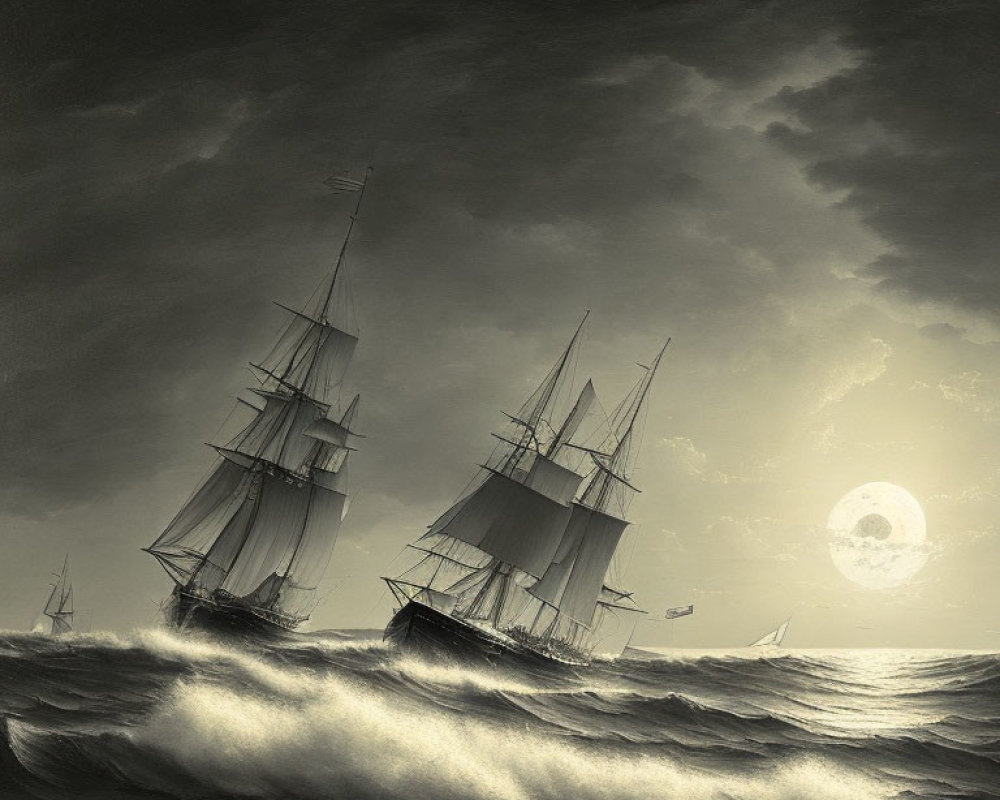 Tall ships sailing in rough seas under a moonlit sky