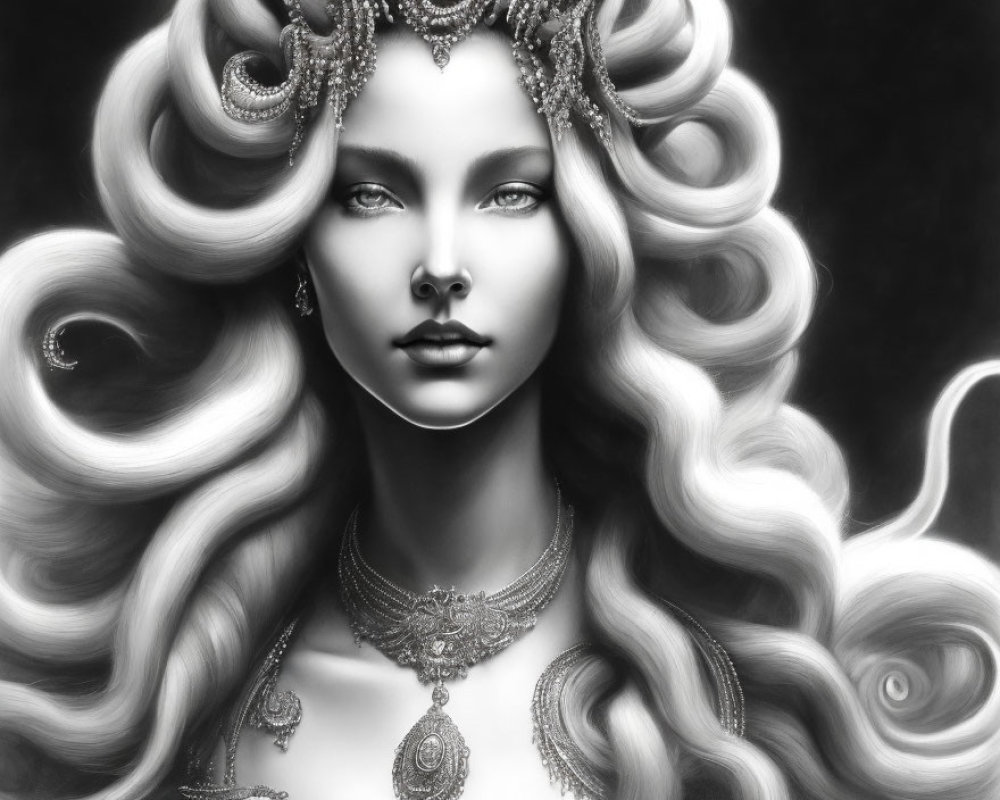 Monochrome illustration of woman with voluminous curly hair and intricate jewelry.