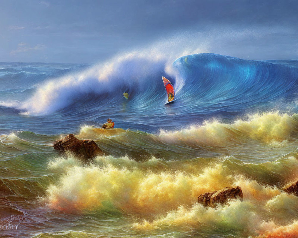 Windsurfer and Kayaker in Stormy Ocean Scene