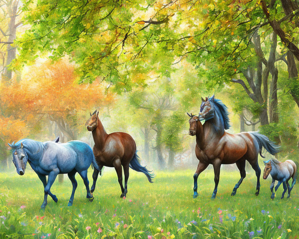 Four Horses, Including a Foal, in Vibrant Forest Glade