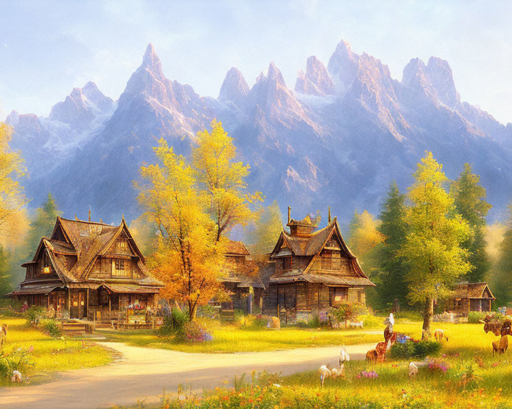Rural Autumn Landscape with Wooden Houses, People, Animals, and Mountains