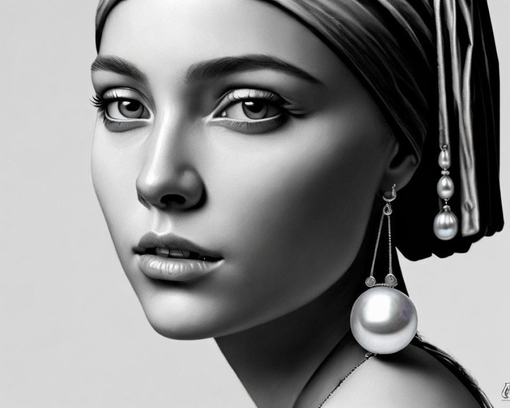 Monochrome portrait of young woman with headscarf and pearl earrings