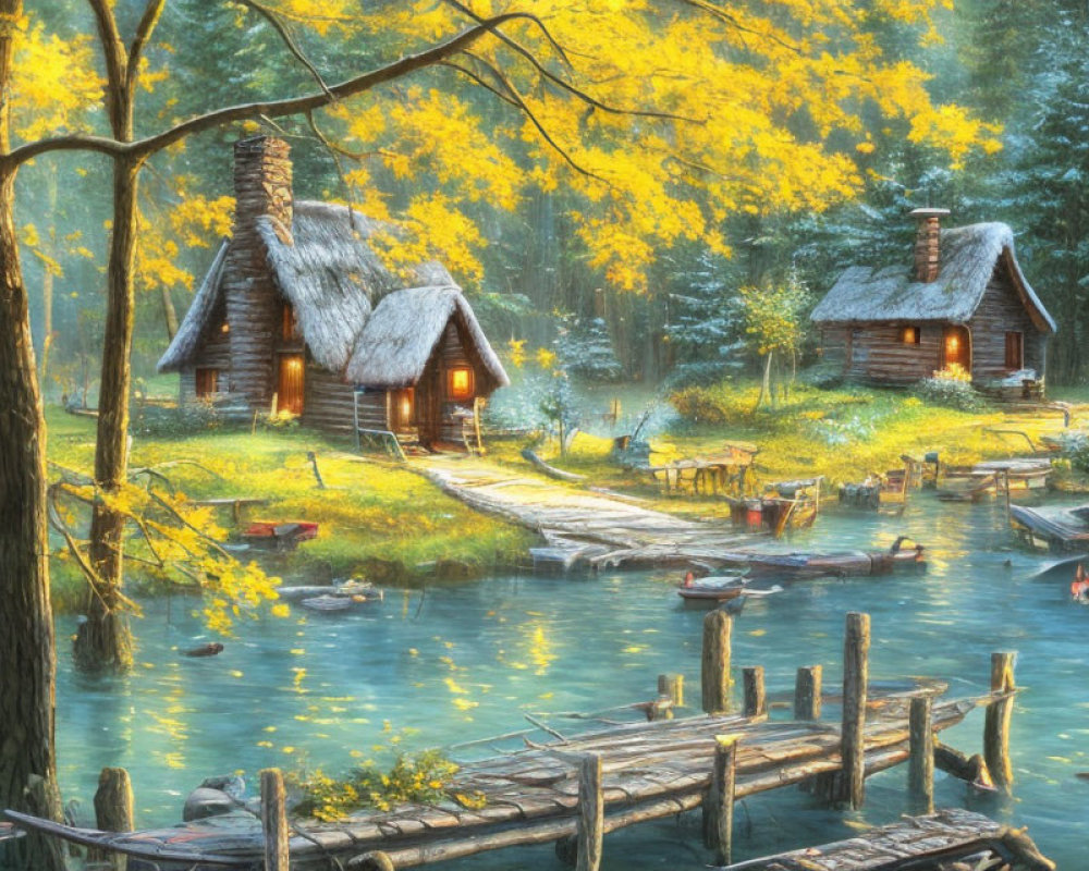 Rustic cabins by calm lake, autumn trees, wooden dock & boats