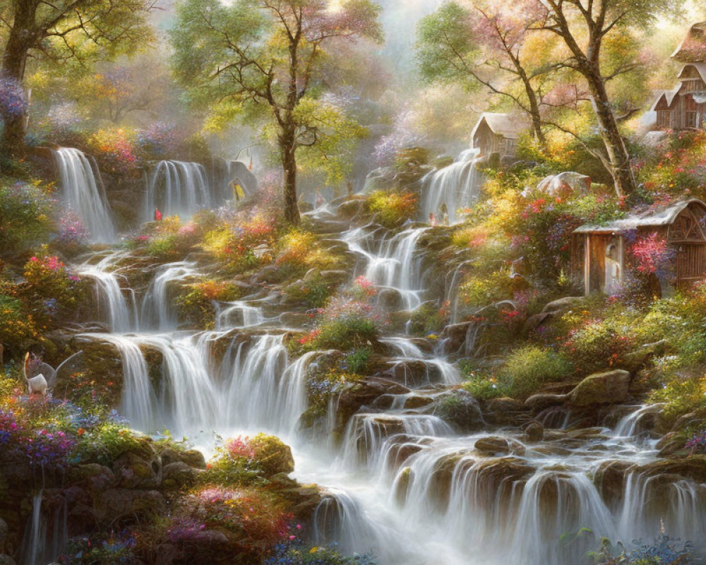 Tranquil forest scene with cascading waterfalls, greenery, flowers, houses, and mist