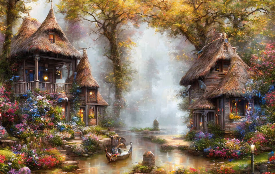 Peaceful village scene with thatched cottages, flowers, river, boat, and sunlit woods