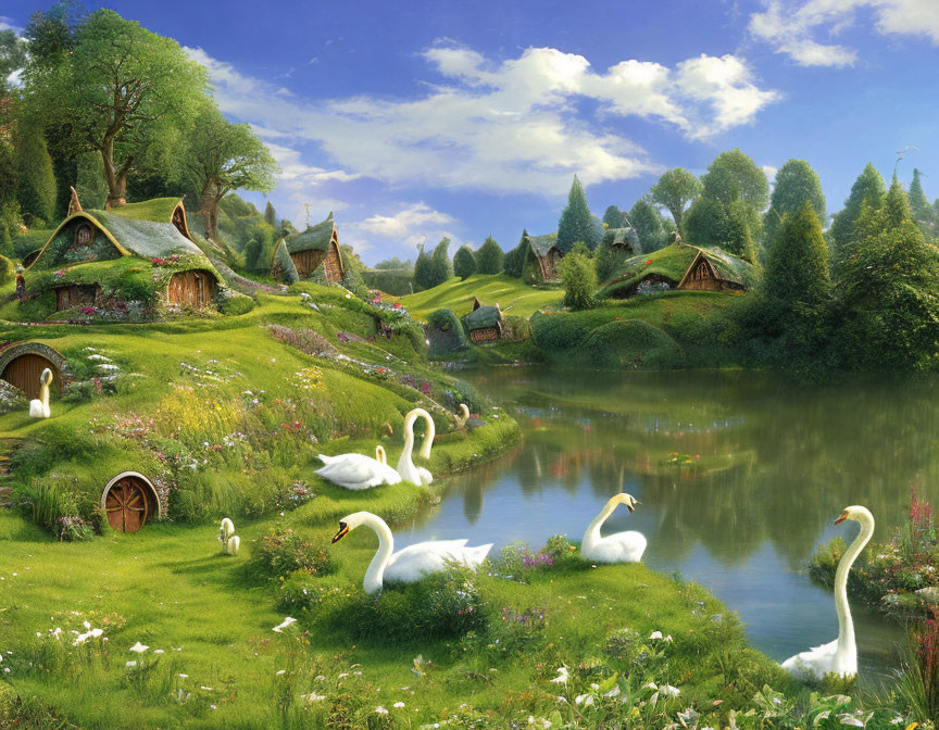 Tranquil rural scene with hobbit-style houses, pond, swans, lush greenery