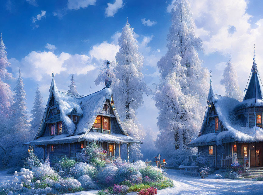 Snow-covered whimsical houses in wintry scene with frosty trees and serene sky