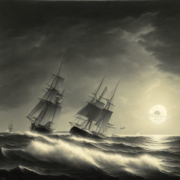 Tall ships sailing in rough seas under a moonlit sky