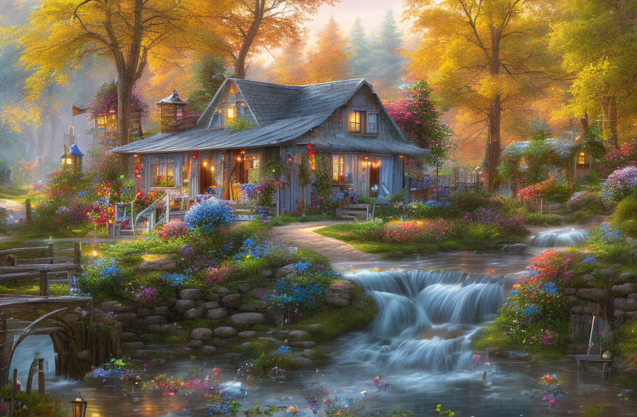 Cozy cottage with colorful gardens and stream under autumn sunlight