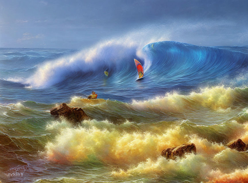 Windsurfer and Kayaker in Stormy Ocean Scene