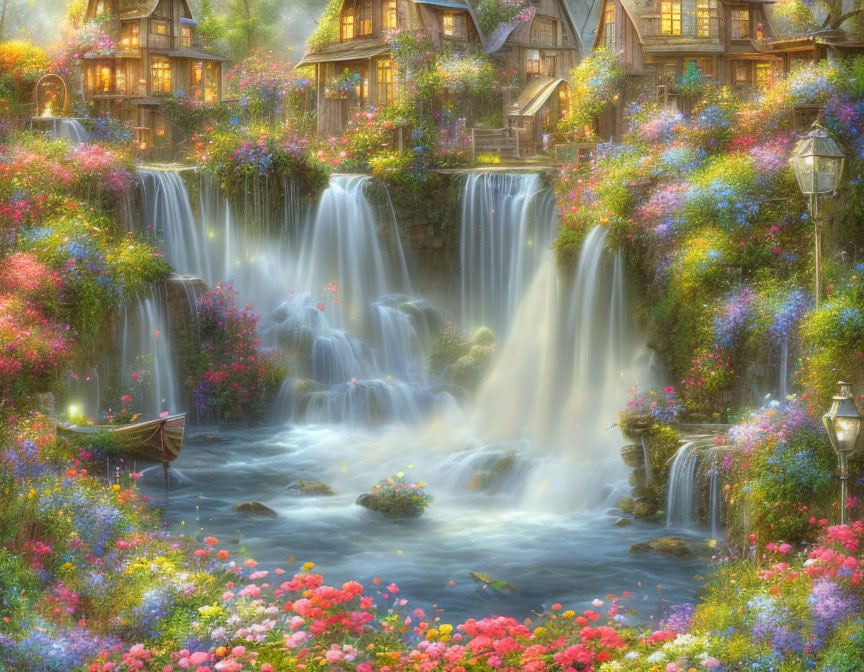 Enchanting cottage village with waterfalls, lanterns, and river under soft light