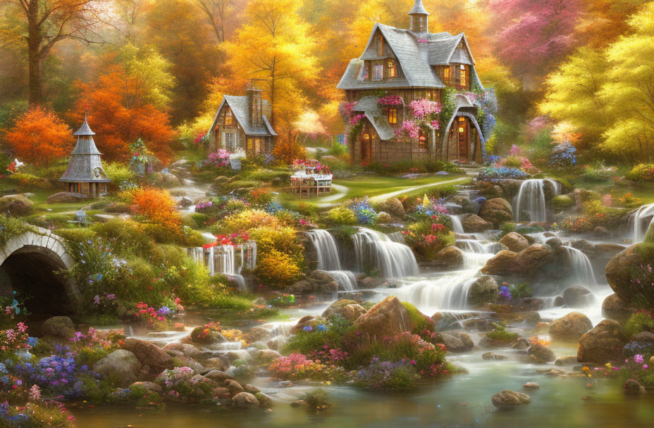 Thatched roof cottage by cascading waterfall in autumn setting