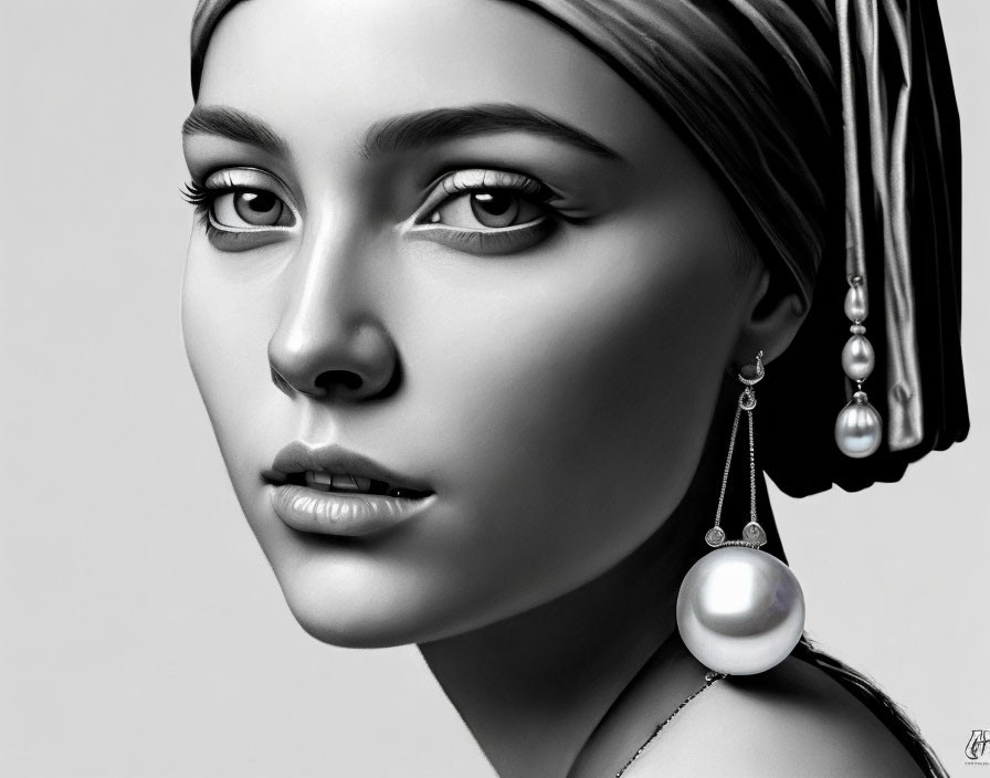 Monochrome portrait of young woman with headscarf and pearl earrings