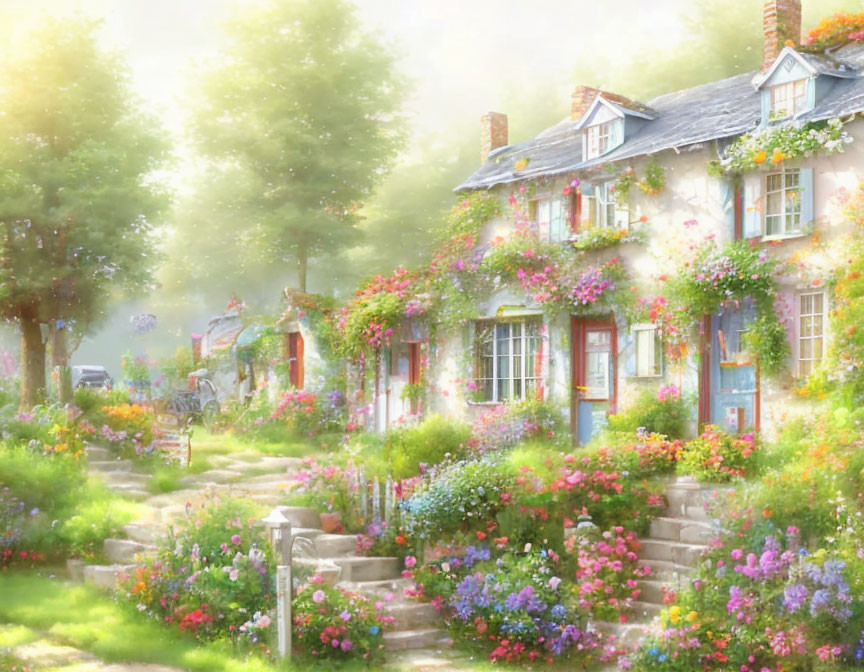 Scenic painting of cottage, gardens, flowers, stone path, warm light