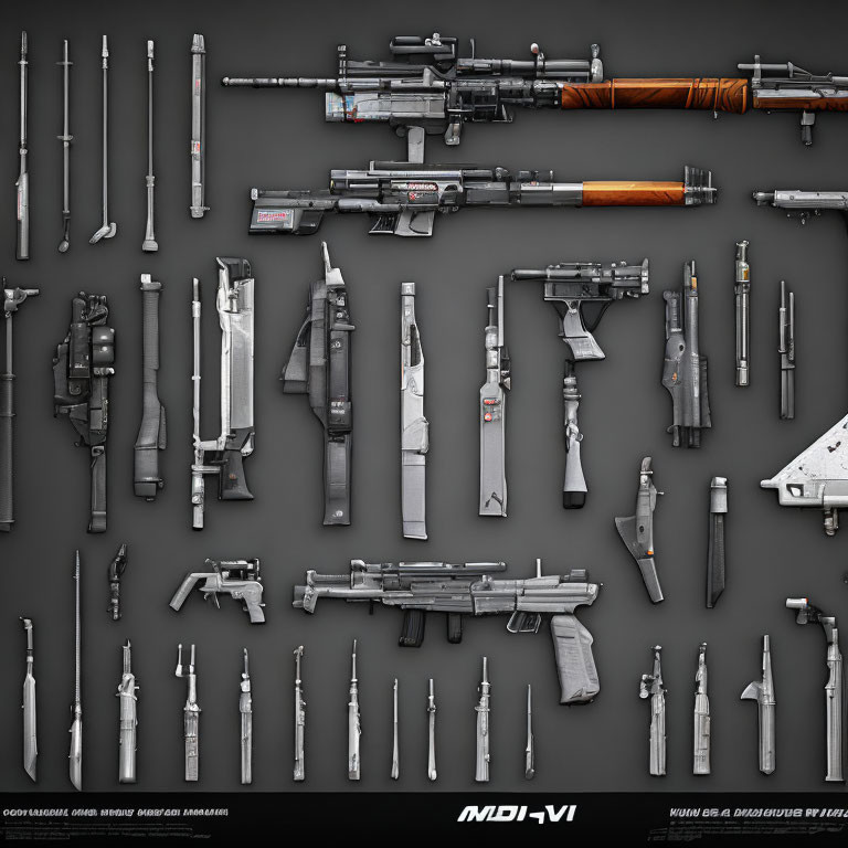 Assorted firearms and components on dark background