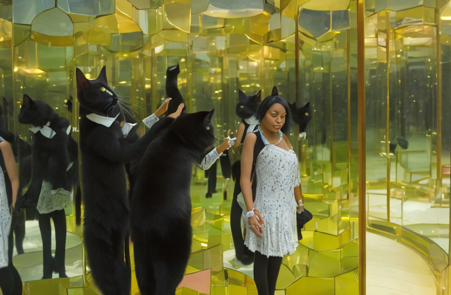 Woman walking in mirrored room with oversized black cat figures