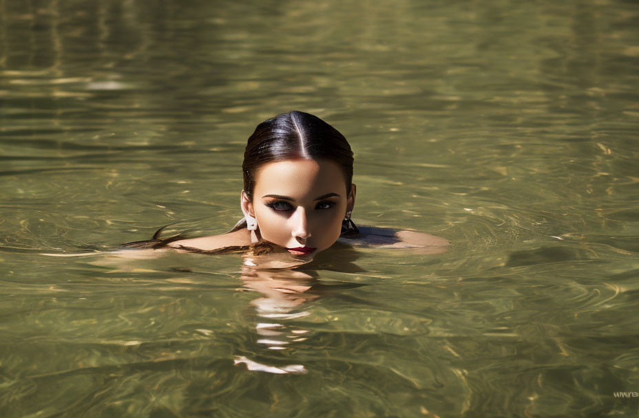 Woman with sleek hair submerged in clear water gazes at camera