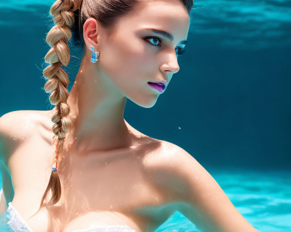 Woman with braided hairstyle underwater in white top and light makeup.