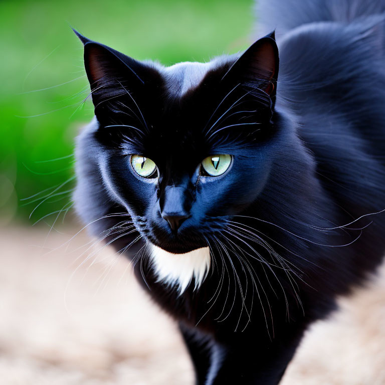 Black cat with green eyes and white whiskers on soft green backdrop