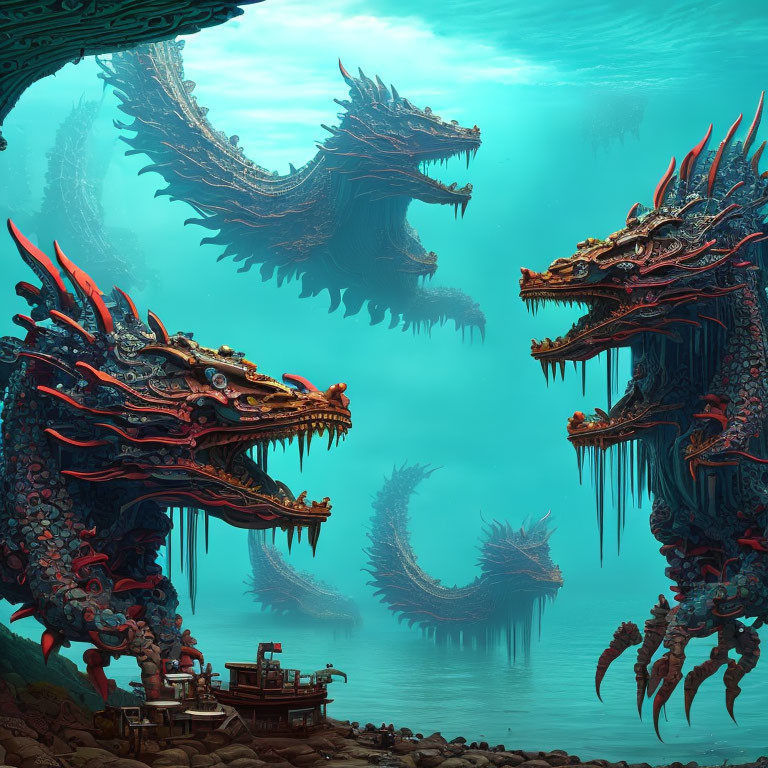 Intricately designed dragons in mystical underwater scene with ruins and sunken ship