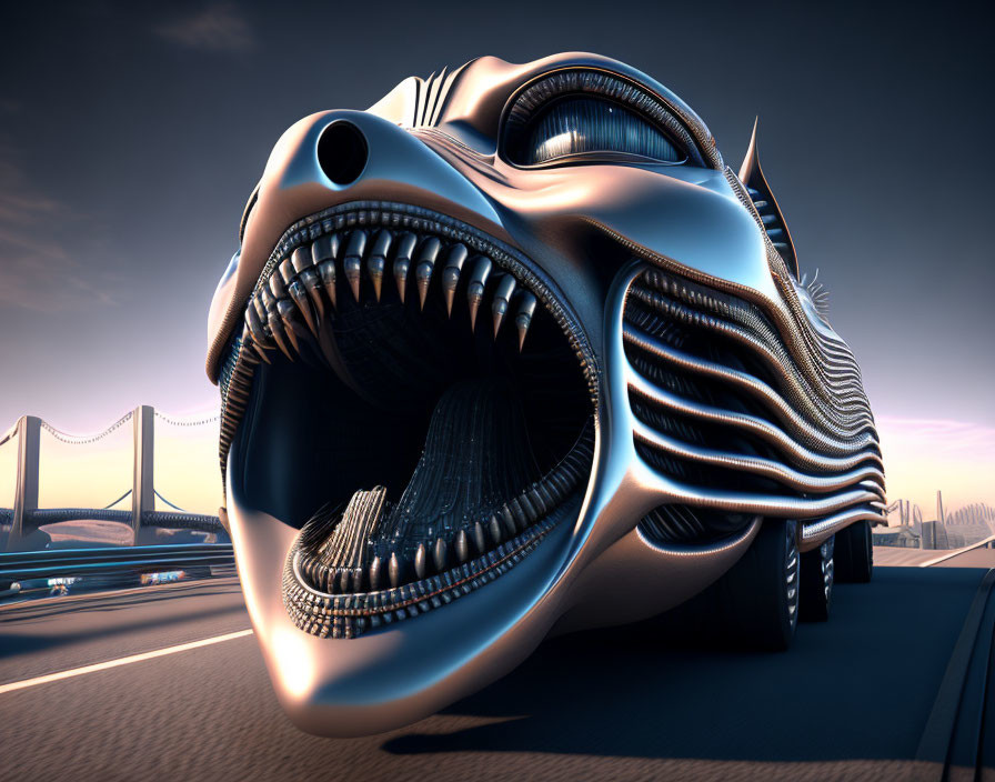 Alien creature design on futuristic car at sunset