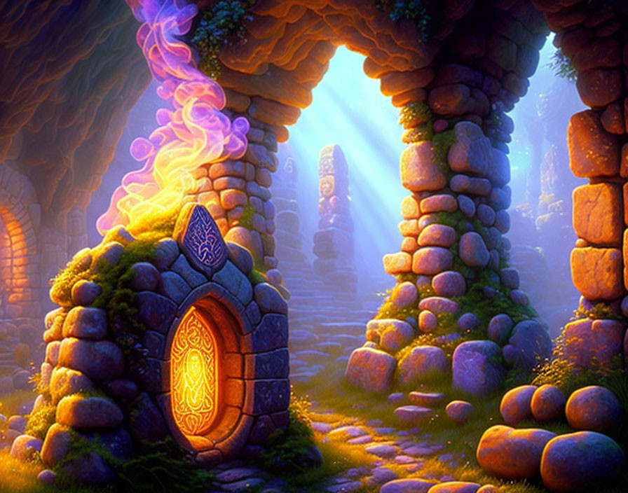 Ancient ruins with mystical stone archway and glowing orange door